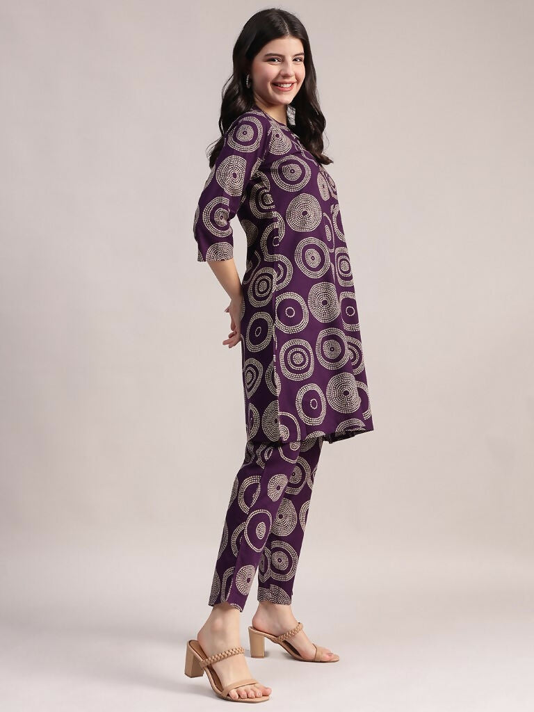 Aavyora Women's Purple Abstract Printed Pure Cotton Co-ord Set | Grocsy