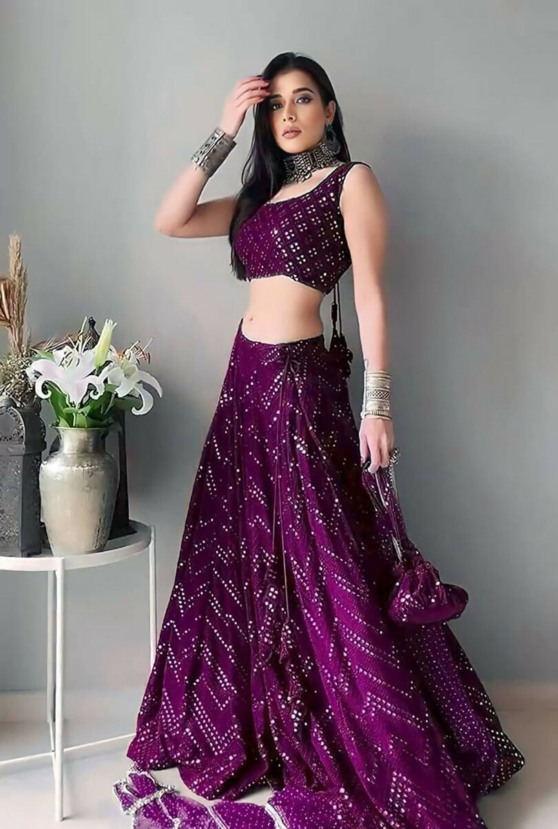 Jyoti Fashion Wine Thread Embroidery Faux Georgette Designer Lehenga Choli with Dupatta | Grocsy