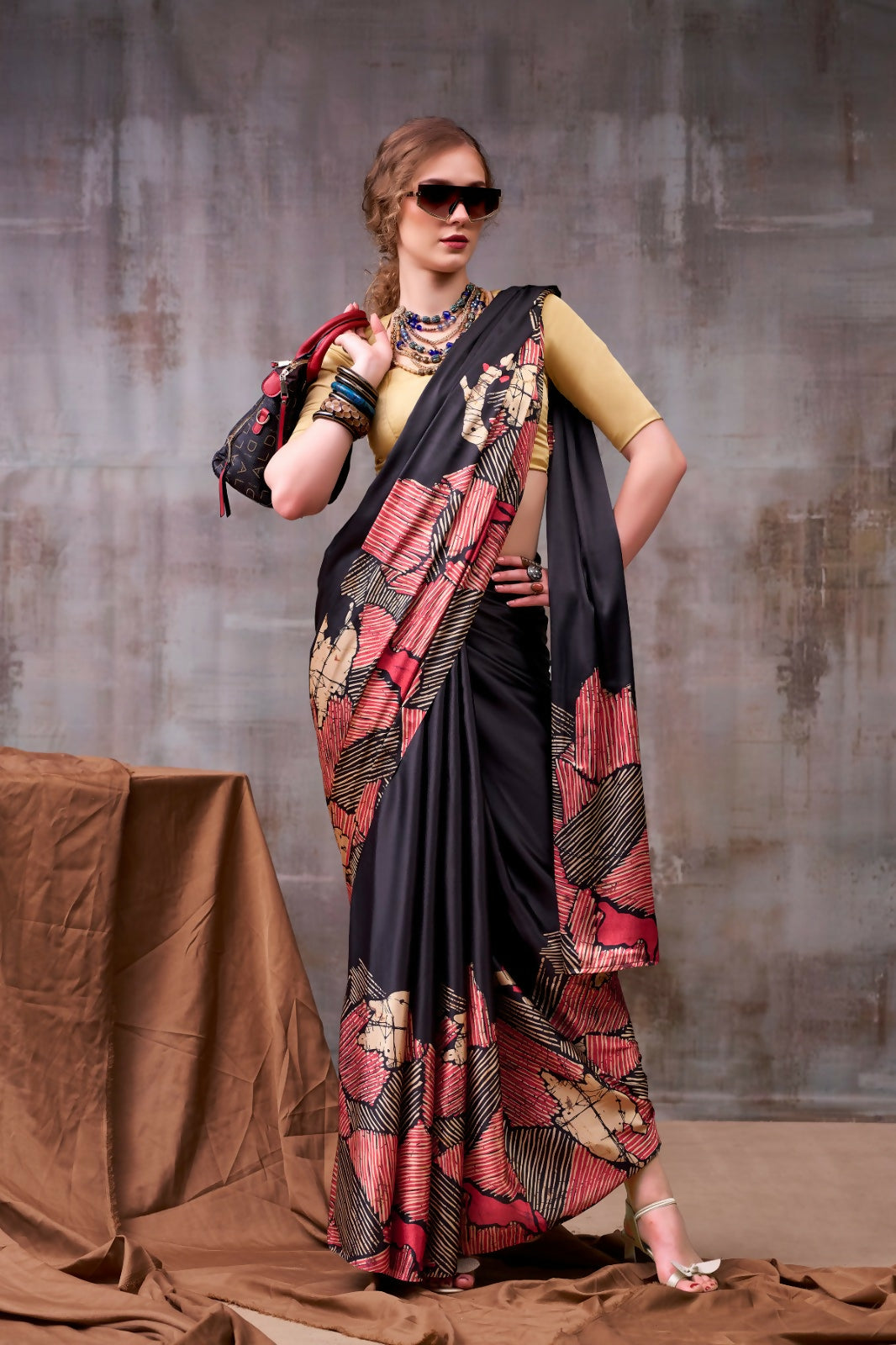 Vastranavya Black Satin Silk Printed Saree with a Natural Silk Unstitched Blouse | Grocsy