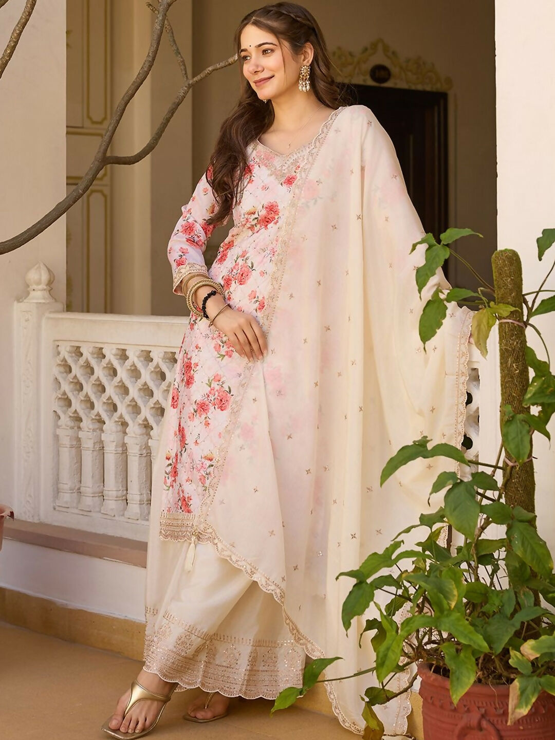 The52 White Women's Gorgeous Embroidered Chinon Fabric Straight Kurta Palazzo and Dupatta Set | Grocsy