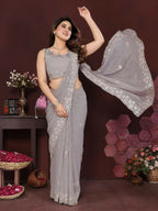 PR Fashion Grey Georgette Embroidery Work With Embroidery Work Blouse Saree | Grocsy