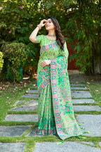 Vastranavya Luxury and Beautiful Soft, Smooth, Flowing Original Pashmina Soft Cotton Saree with Matching Blouse Fabric - Pista | Grocsy