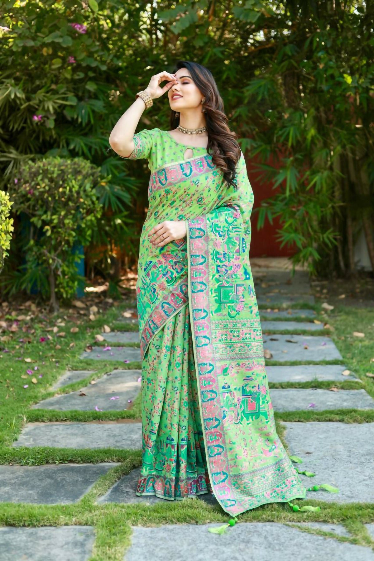 Vastranavya Luxury and Beautiful Soft, Smooth, Flowing Original Pashmina Soft Cotton Saree with Matching Blouse Fabric - Pista | Grocsy