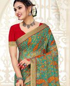 Sea Green Chiffon Brasso Printed Saree With Unstitched Blouse Piece - Jyoti | Grocsy