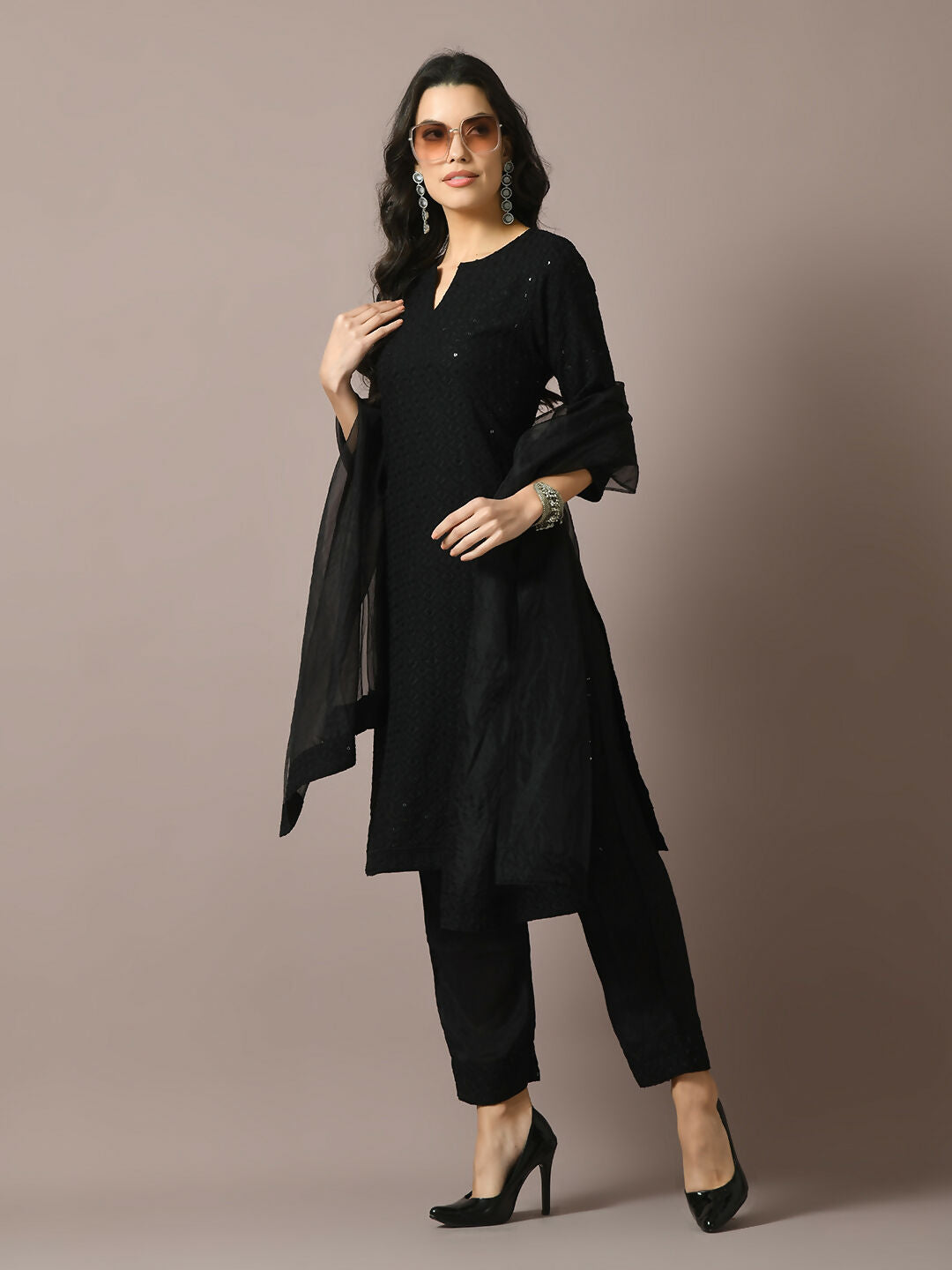 Myshka Women's Black Embroidered Cotton Straight Party Kurta Set With Dupatta | Grocsy