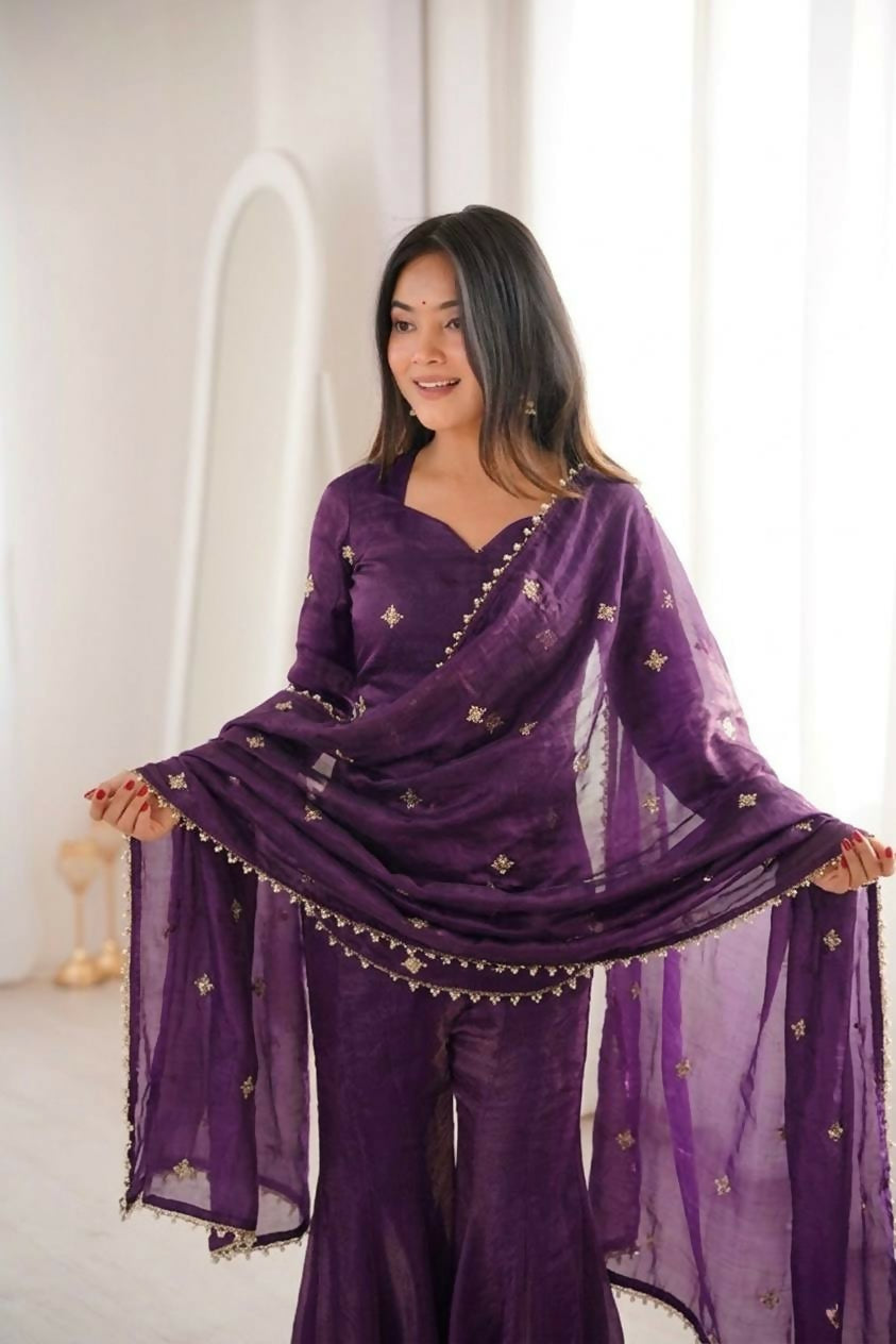 Teeya Creation New Womens Trendy Embroidery Sequence Work Purple Kurta Set | Grocsy