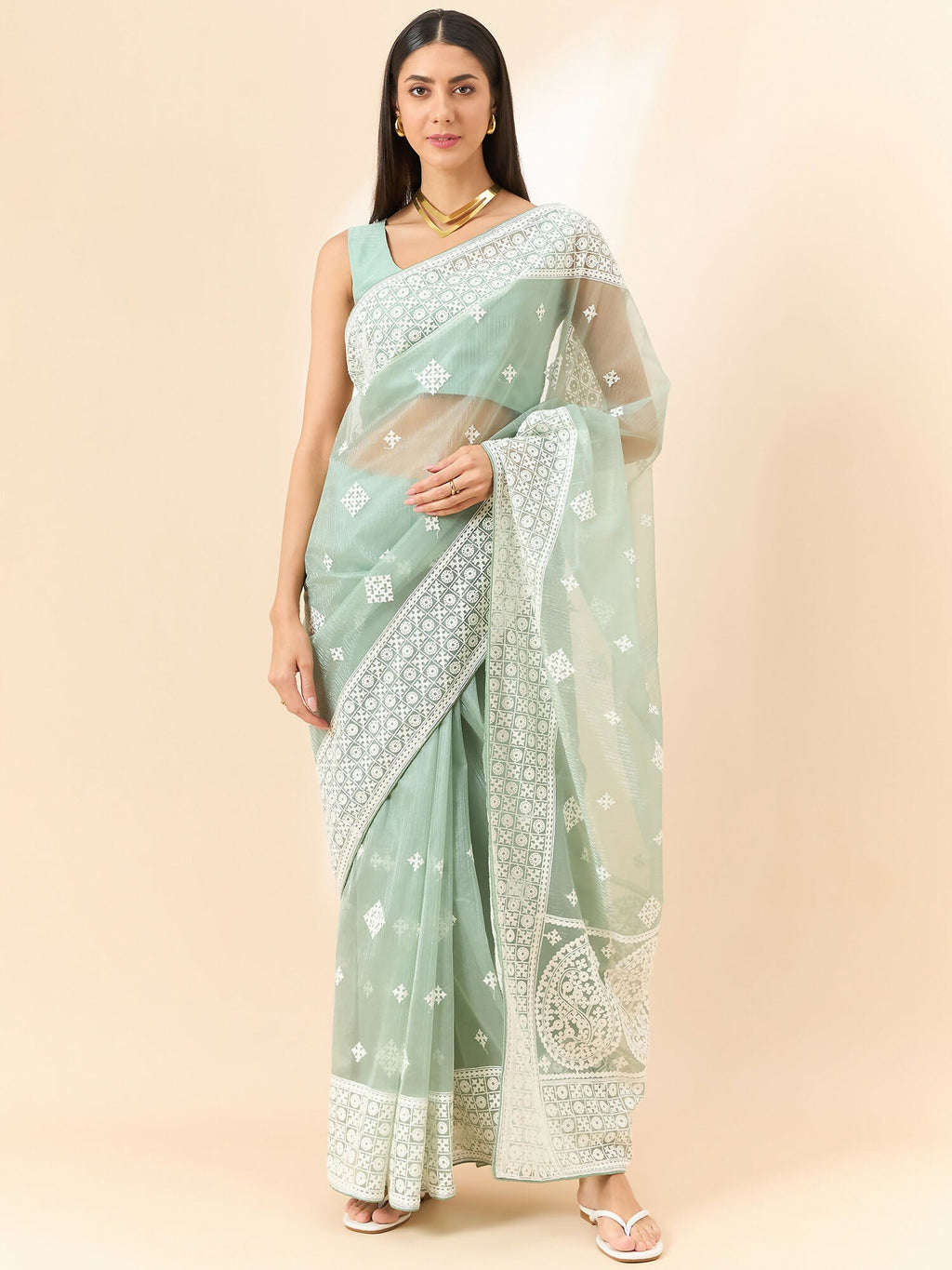 Green Organza Geometric Embroidered Saree with Unstitched Blouse Piece - Roozal | Grocsy