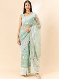 Green Organza Geometric Embroidered Saree with Unstitched Blouse Piece - Roozal | Grocsy