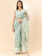 Green Organza Geometric Embroidered Saree with Unstitched Blouse Piece - Roozal | Grocsy