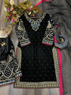 Vastranavya Black Viscose Velvet Cording Sequence Embroidery Work Suit With Dupatta | Grocsy