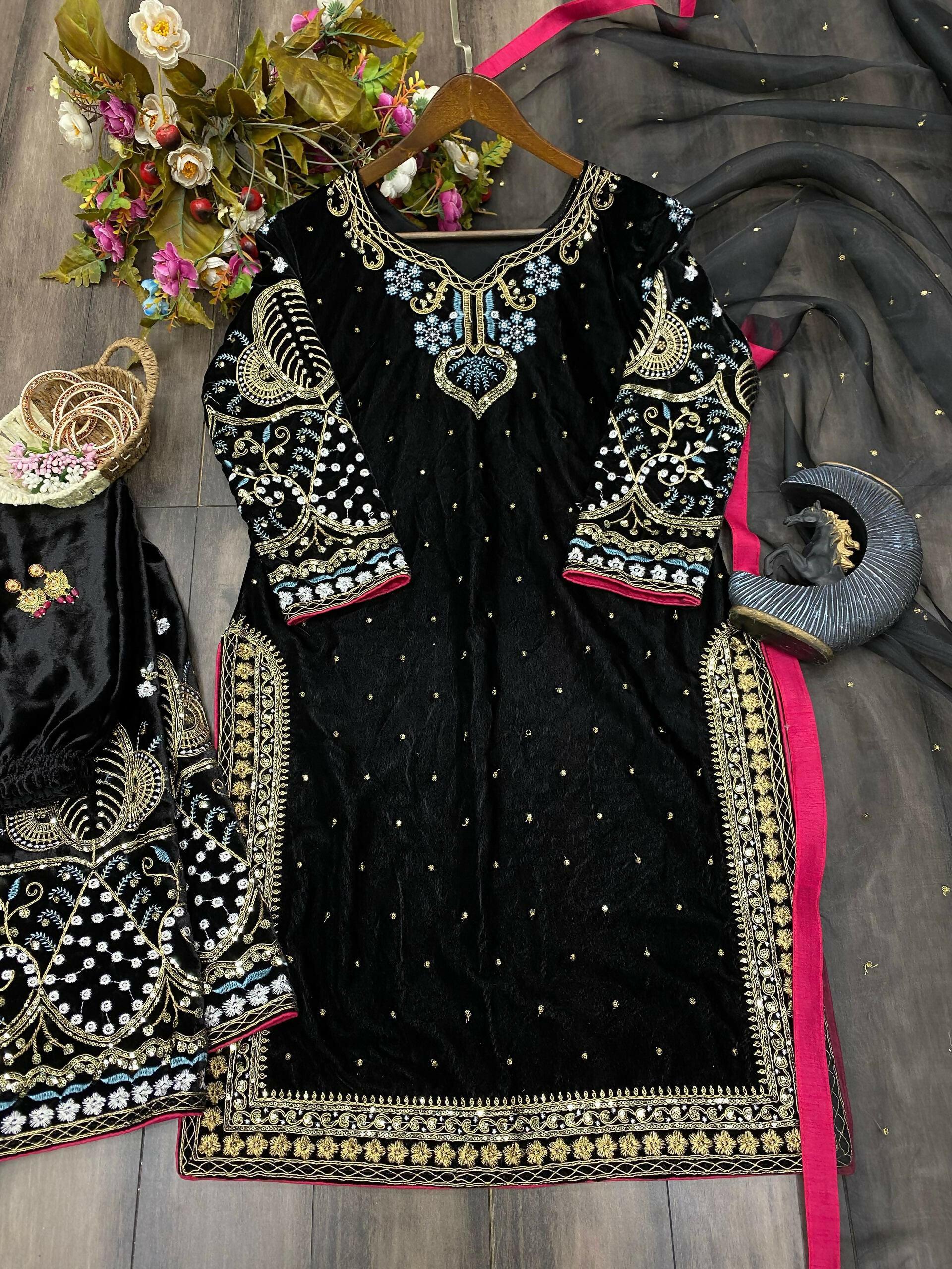 Vastranavya Black Viscose Velvet Cording Sequence Embroidery Work Suit With Dupatta | Grocsy
