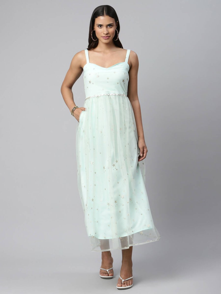 Ahalyaa Women Summer Blue Net Glitter Printed Dress | Grocsy