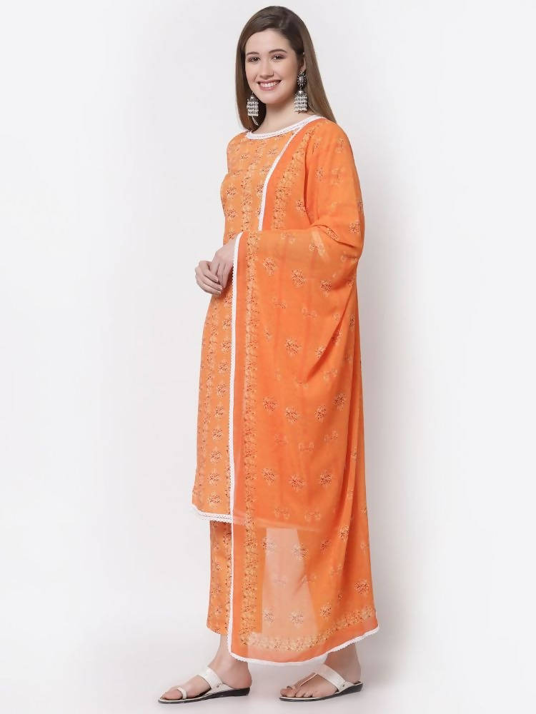 Myshka Mustard Color Cotton Printed Kurta With Pant Dupatta Set | Grocsy