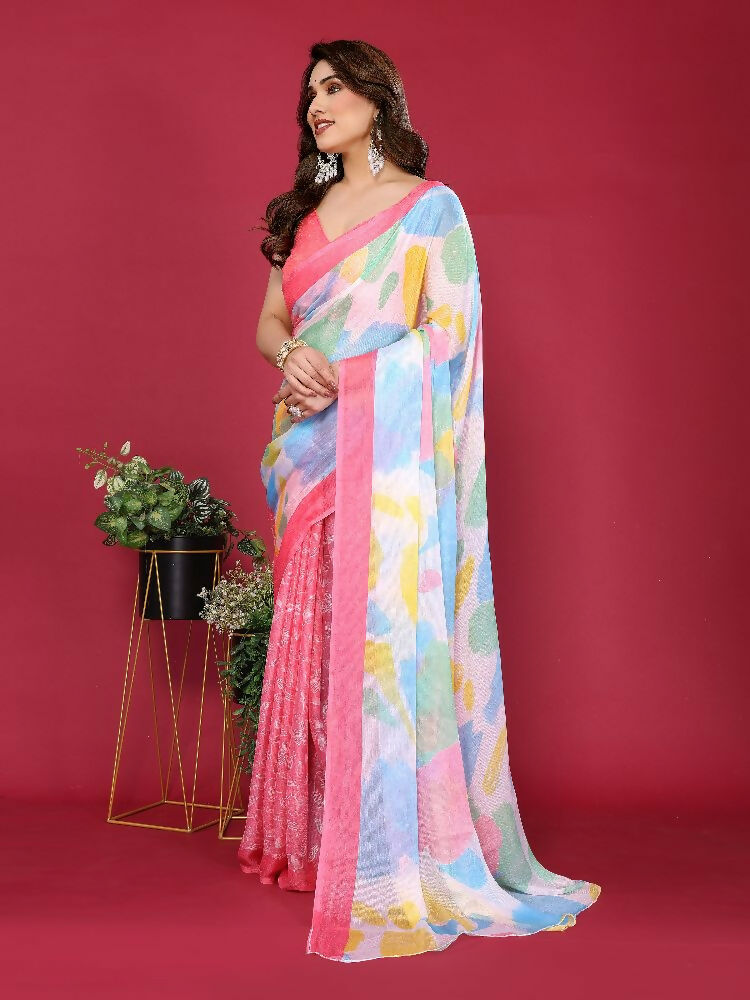 PR Fashion Pink Moss Chiffon Printed Saree | Grocsy