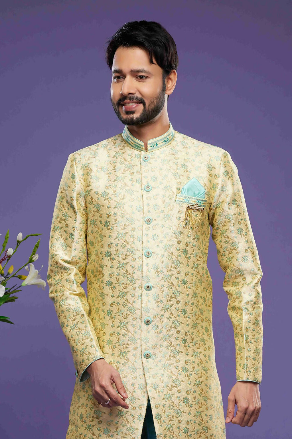 Raivat Ethnic Banarasi Jacquard Embroidery Semi Indo Western Sherwani In Gold Colour | Grocsy
