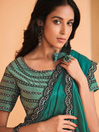 Sea Green Satin Crepe Silk Sequence Embroidered Saree With Unstitched Blouse - Mohmanthan Yavanika | Grocsy
