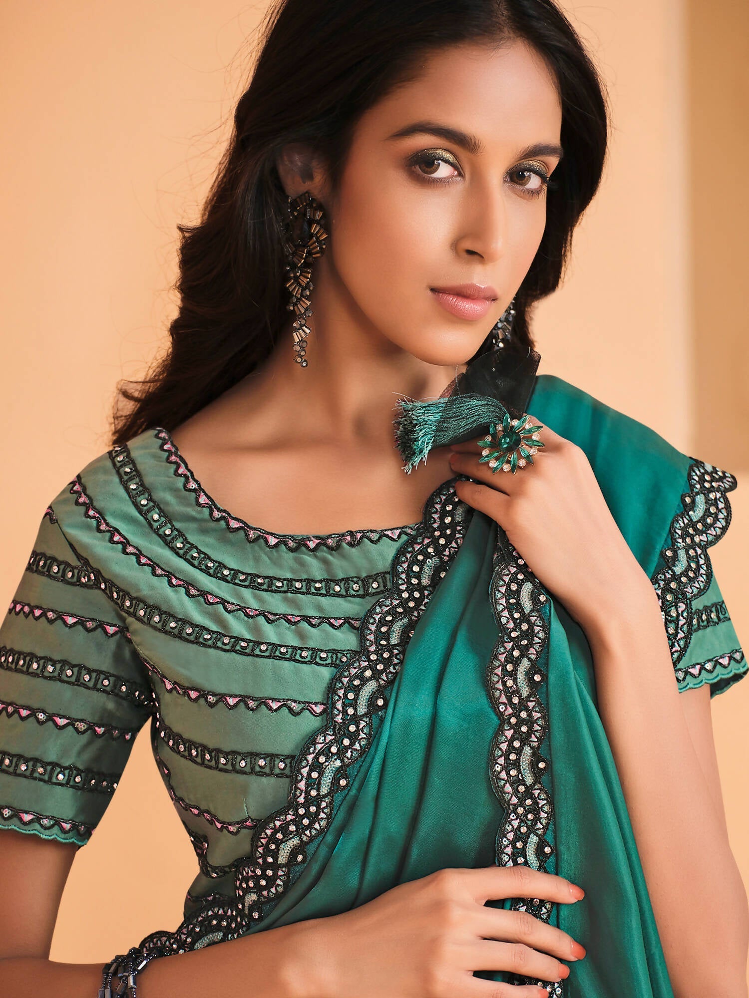 Sea Green Satin Crepe Silk Sequence Embroidered Saree With Unstitched Blouse - Mohmanthan Yavanika | Grocsy