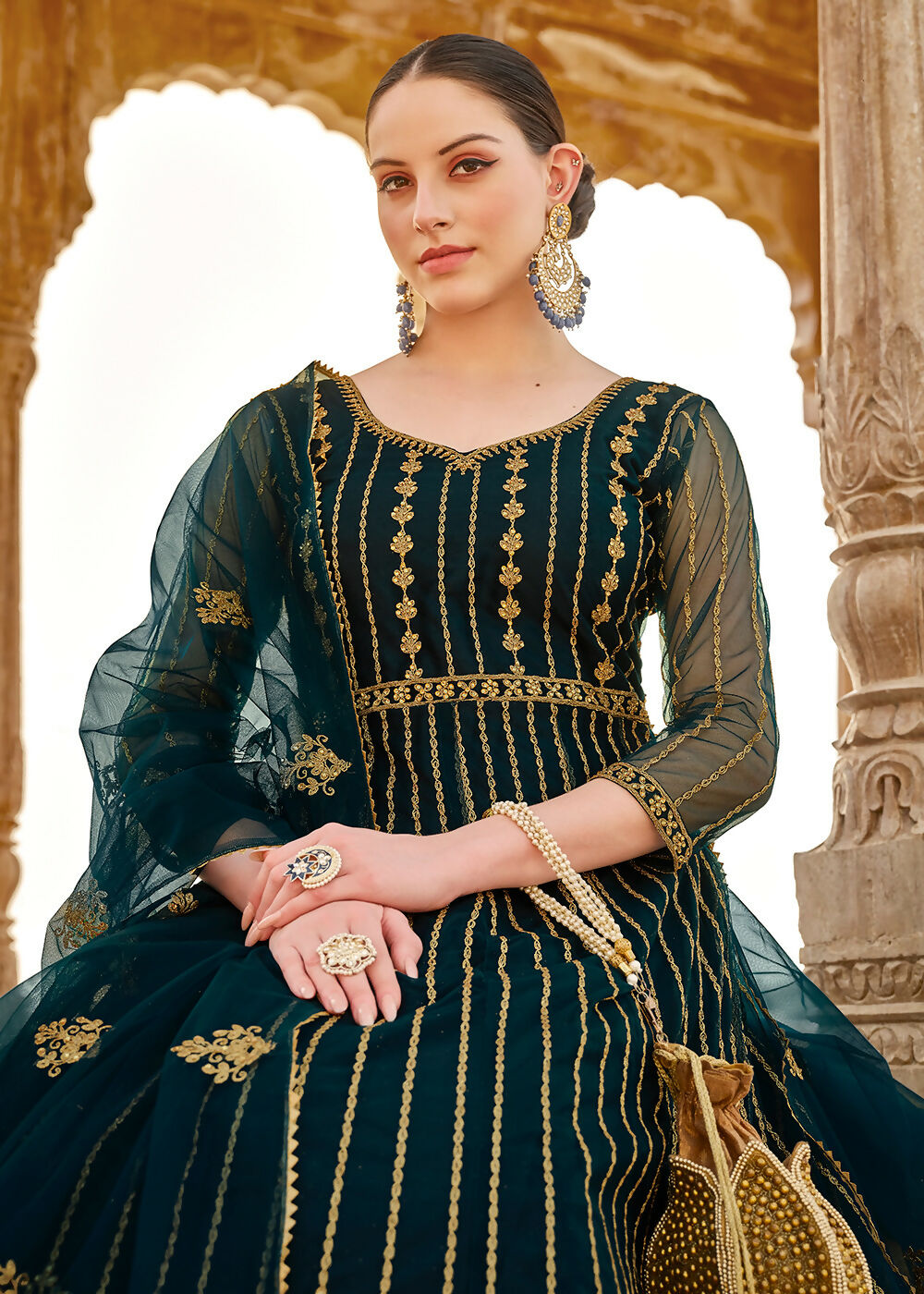 Heavy Stone Embroidered Peacock Blue Designer Anarkali Suit - Emponline | Grocsy