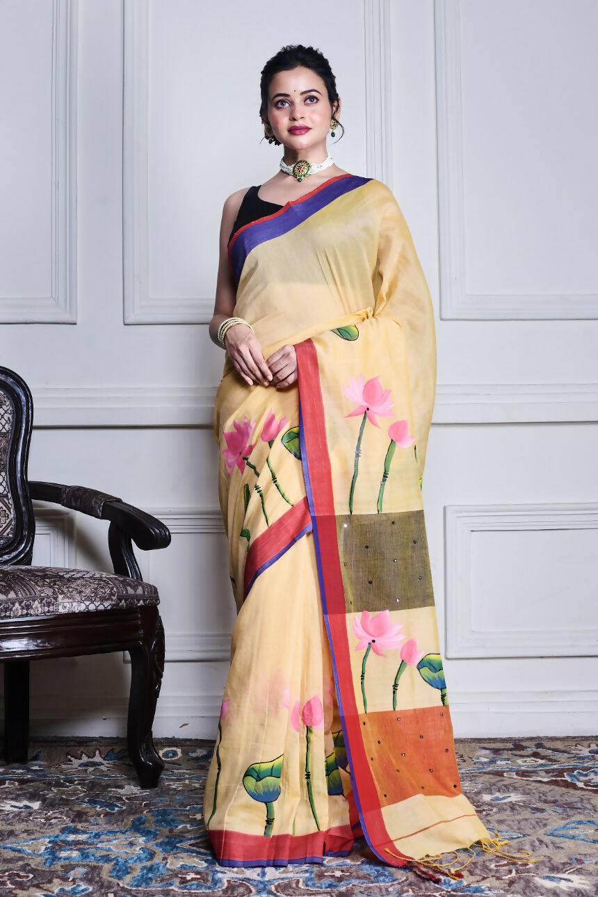 Morchari Multicolour Cotton Handloom Mirror Work Saree Unstitched Blouse | Grocsy