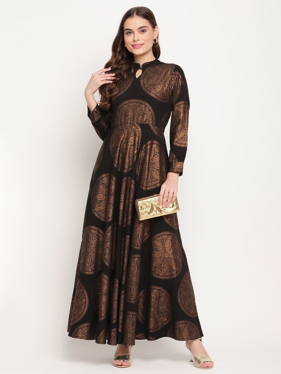 Ahalyaa Women Black Crepe Copper Foil Print Dress | Grocsy