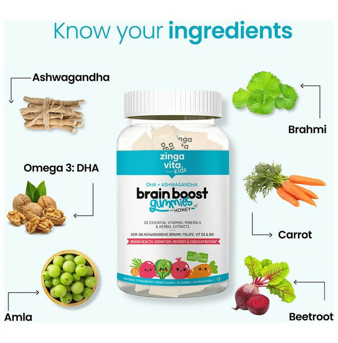 Zingavita DHA Brain Boost Gummies for Kids (2+ yrs) Strawberry Lemon Flavor | Grocsy