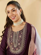The52 Women's Beautiful Chanderi Silk Fabric Embroidery Work Straight Kurta Pant and Dupatta Set | Grocsy