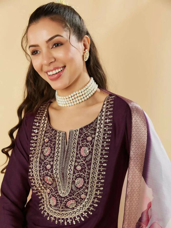 The52 Women's Beautiful Chanderi Silk Fabric Embroidery Work Straight Kurta Pant and Dupatta Set | Grocsy