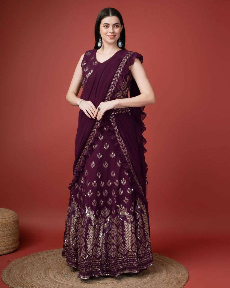 Purple Georgette Sequence Embroidered Lehenga Choli with Dupatta - Tanya | Grocsy