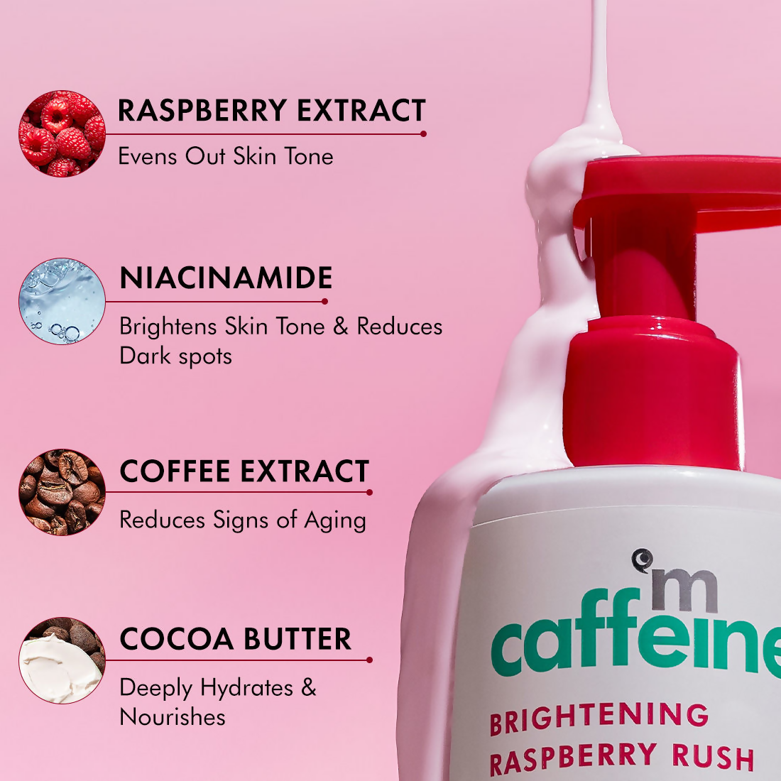 mcaffeine Brightening Raspberry Rush Serum Body Lotion SPF 50 PA+++ | Grocsy