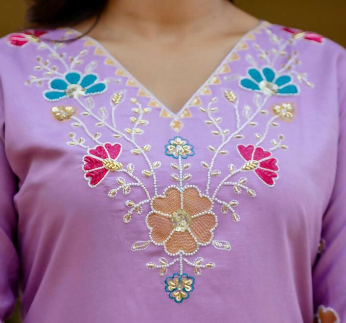 The52 Lavender Women's Gorgeous Embroidered work Viscose Gadhwal Fabric Straight Kurta, Pant and Dupatta Set | Grocsy