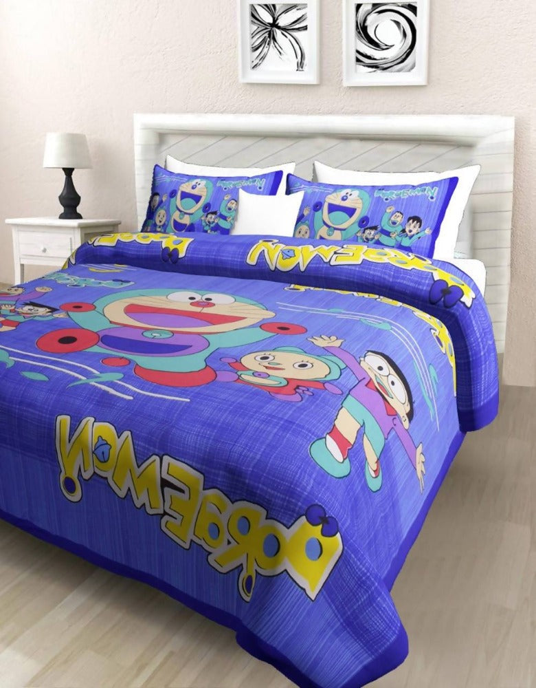 Vamika Printed Doremon Cotton Blue Bedsheet With Pillow Covers (PM Doremon Blue) | Grocsy
