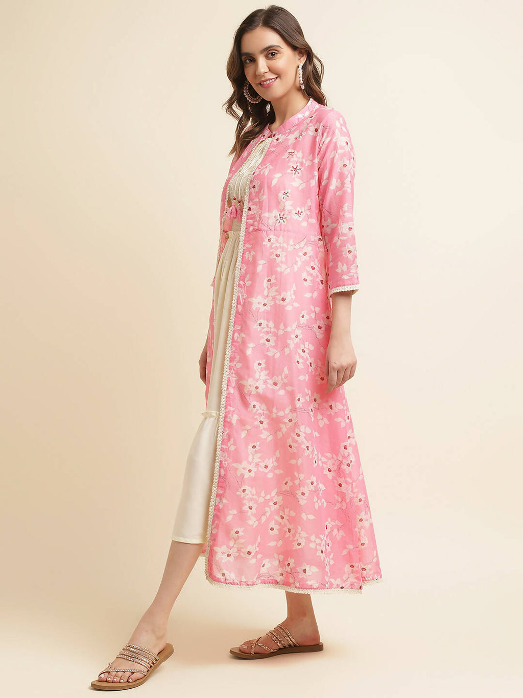 White Cotton Solid Flared Dress with Printed Shrug - Yukti | Grocsy