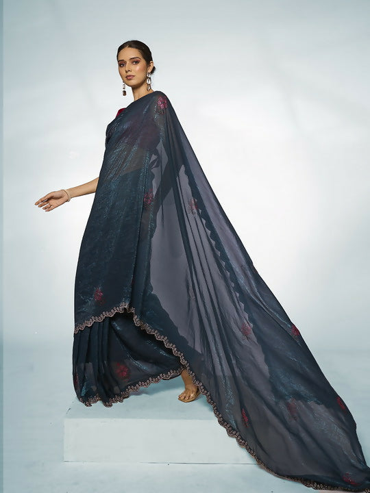 Teal Blue Slub Organza Swarovski Designer Saree - Shezlin | Grocsy