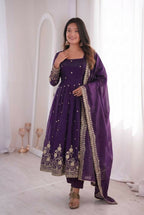 Teeya Creation Womens New Latest Trendy Elegant Dark Blue Embroidered Anarkali Suit Set with Scalloped Dupatta | Grocsy