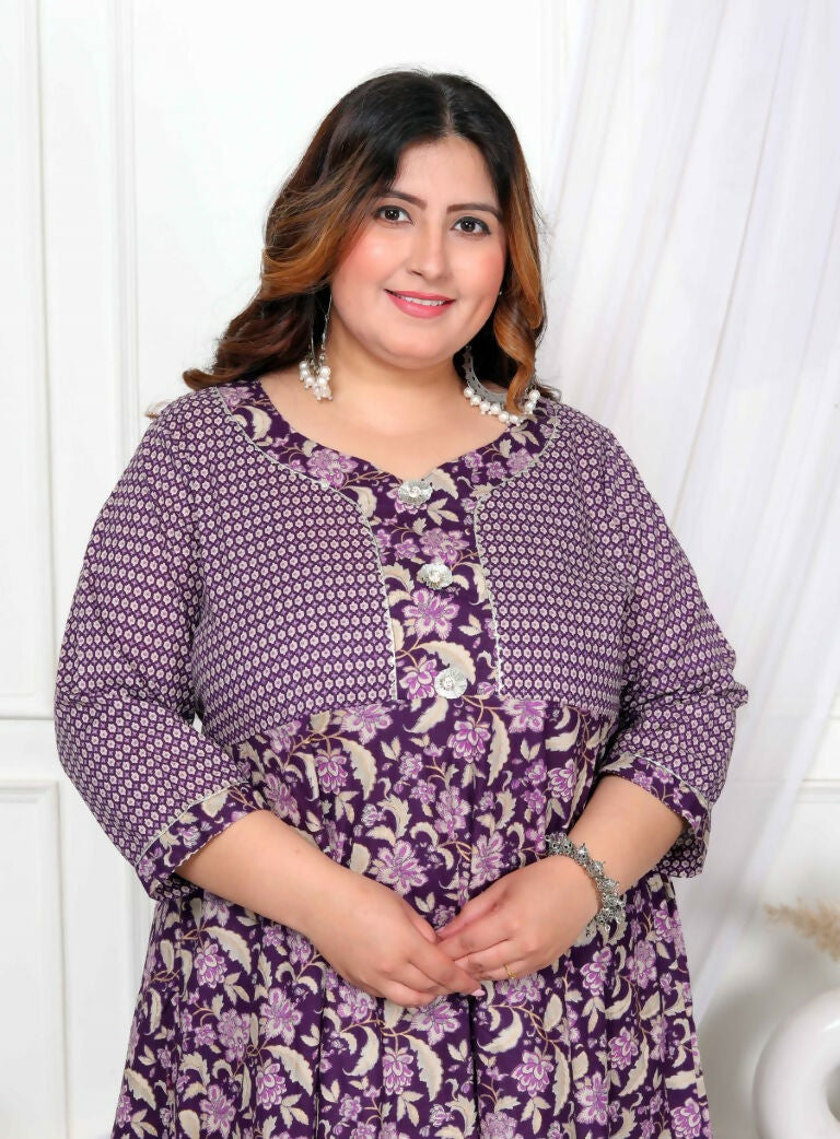 Miravan Women's Plus Size Purple cotton Floral Gota Lace Work Anarkali Kurta | Grocsy