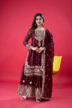 Teeya Creation Maroon Color Faux georgette Embroidery Work Sharara Set | Grocsy