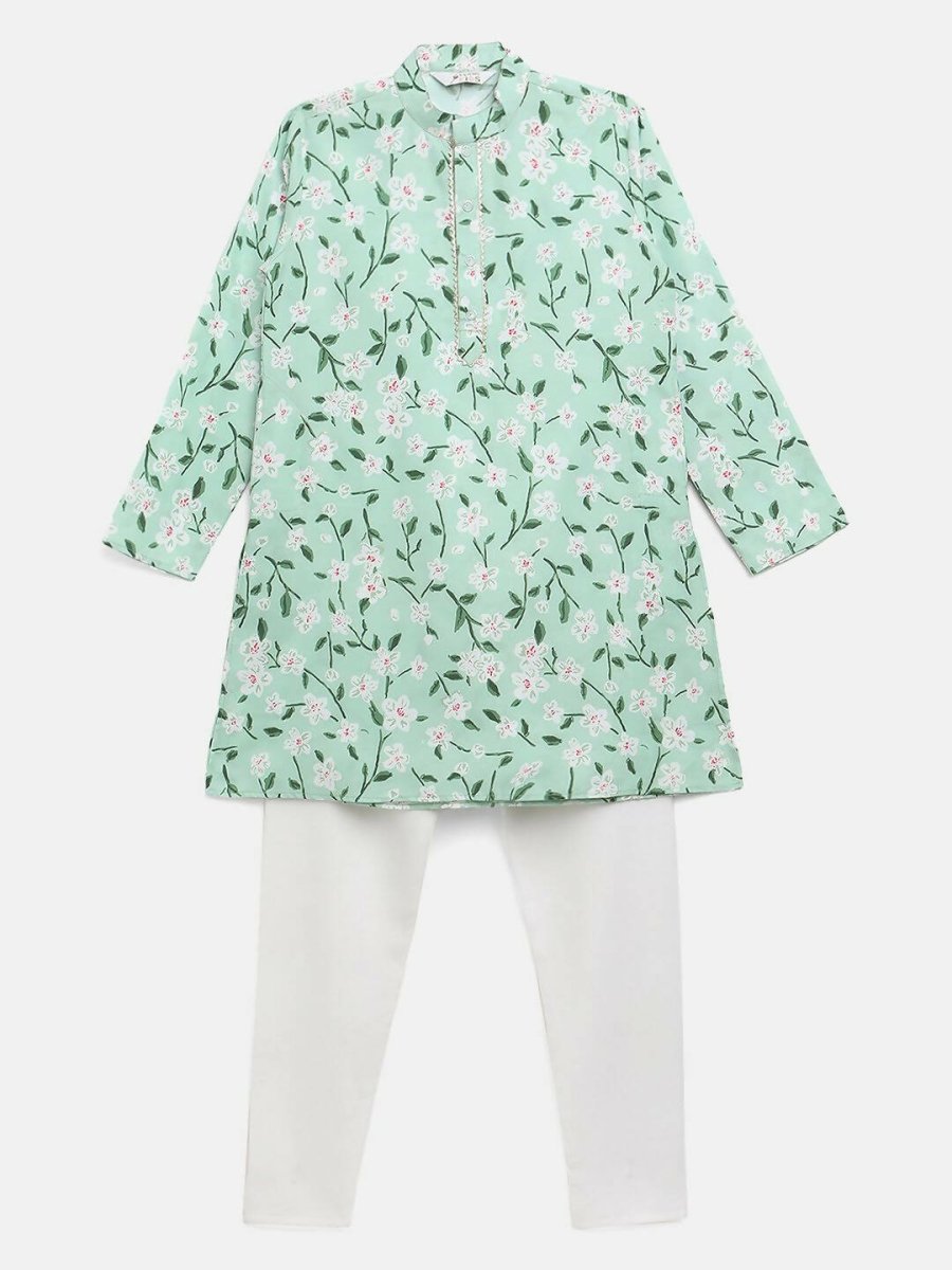 Ahalyaa Mint Green Poly Rayon Digital Print Kids Kurta Churidar Set For Boys | Grocsy