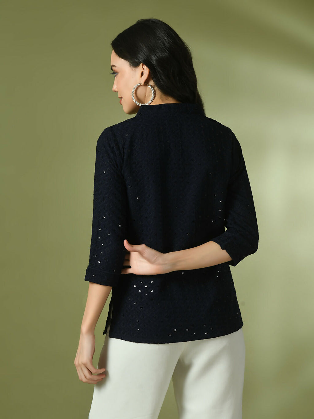 Myshka Women's Navy Blue Embellished Cotton Regular Party Tunic | Grocsy