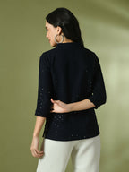 Myshka Women's Navy Blue Embellished Cotton Regular Party Tunic | Grocsy