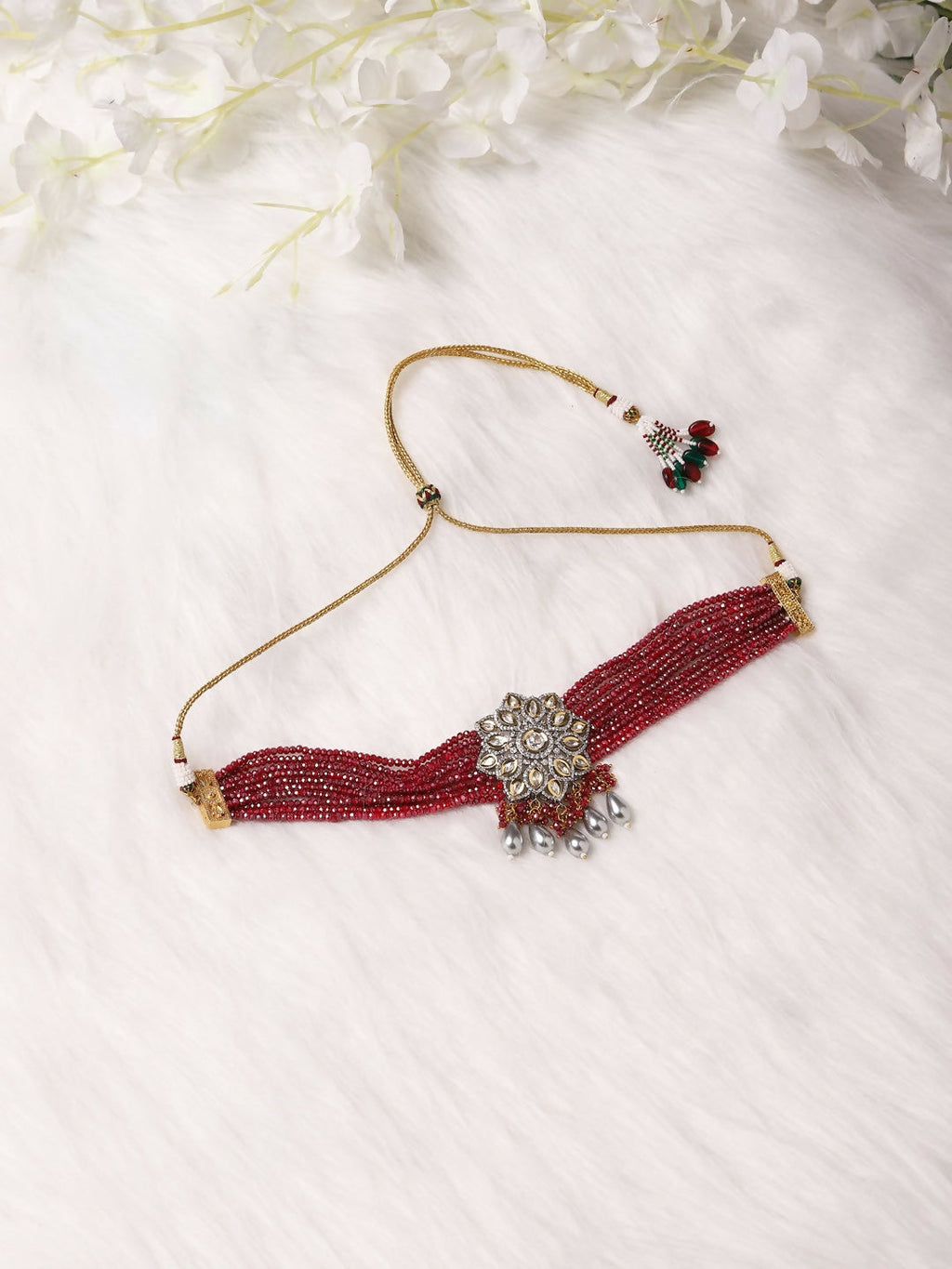 Maroon Kundan Choker with Pearl Drops- Ruby Raang | Grocsy