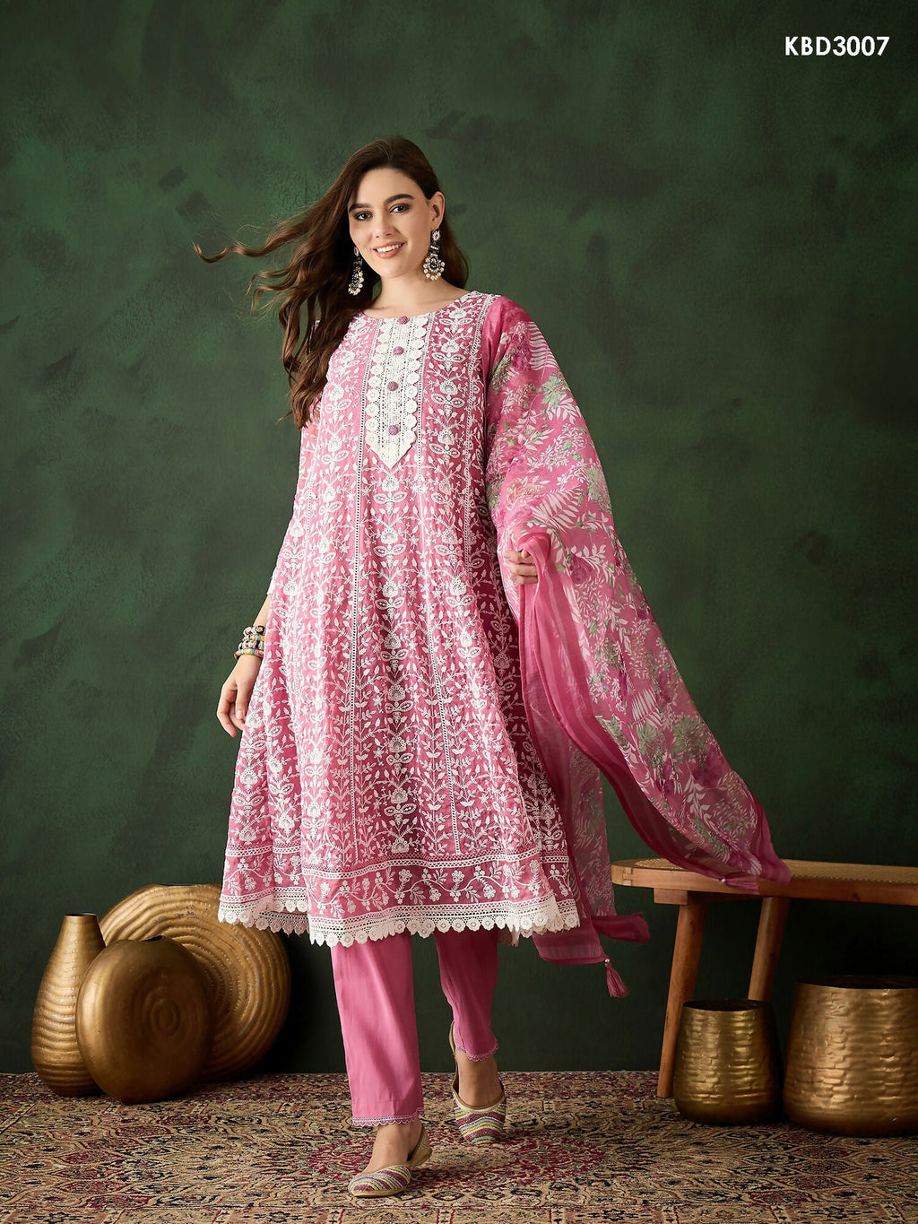Pink Crystal Organza schiffli embroidery Kurta With Trouser & Dupatta - Bhumi | Grocsy