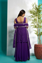 Aayaa Designer Faux Gorgette Embroidery Zari Sequins Thread work Full Flaired plazzo Suit with Dupatta - Purple | Grocsy
