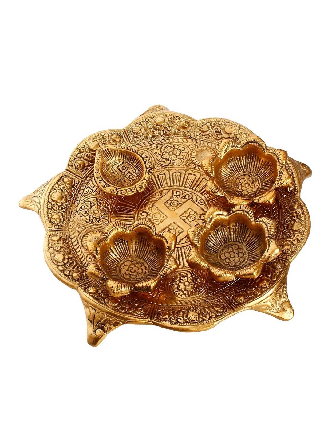 eCraftIndia Gold-Toned Swastik Pooja Thali Bowl & Diya Showpiece | Grocsy