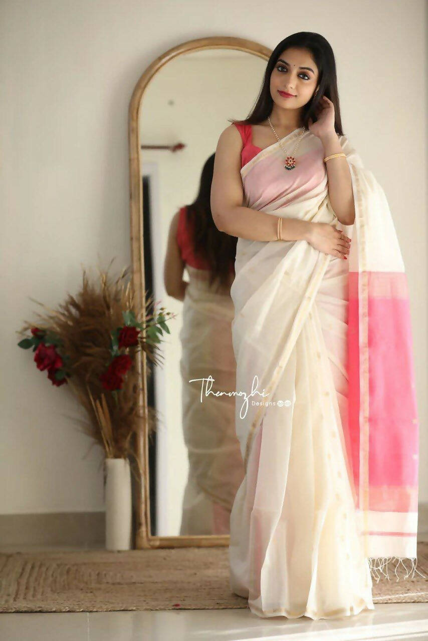 DEIANA'S Beautiful Designer Golden zari Soft Cotton Saree - White | Grocsy