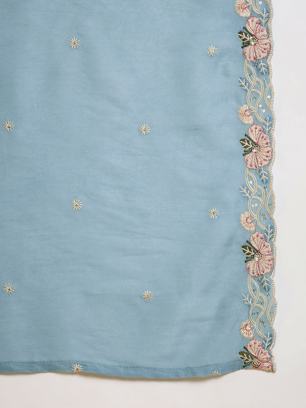 The52 Women's Beautiful Embroidery Work Silk Fabric Flared Kurta Pant and Dupatta Set-Sky | Grocsy