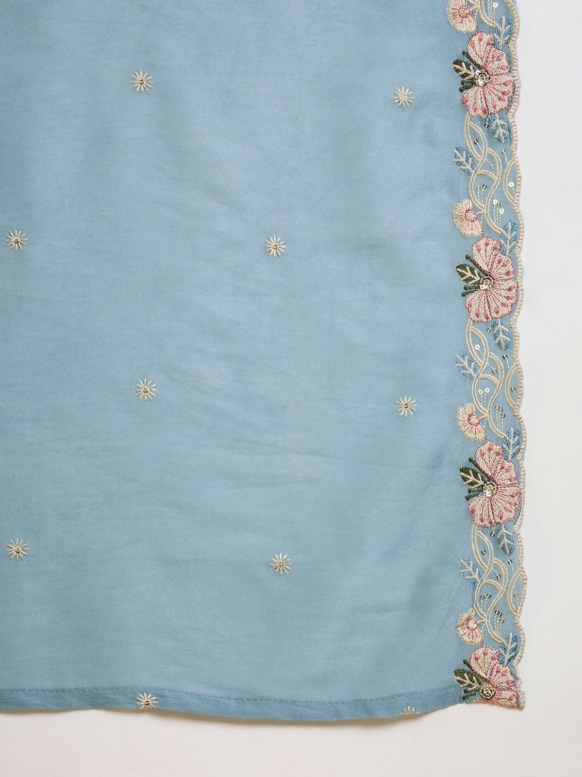 The52 Women's Beautiful Embroidery Work Silk Fabric Flared Kurta Pant and Dupatta Set-Sky | Grocsy