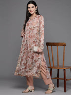 Ahalyaa Women Floral Printed Pleated Gotta Patti Kurta with Trousers - Brown Color | Grocsy