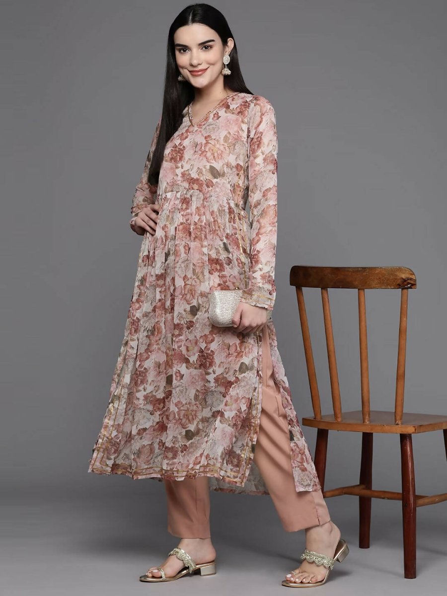 Ahalyaa Women Floral Printed Pleated Gotta Patti Kurta with Trousers - Brown Color | Grocsy