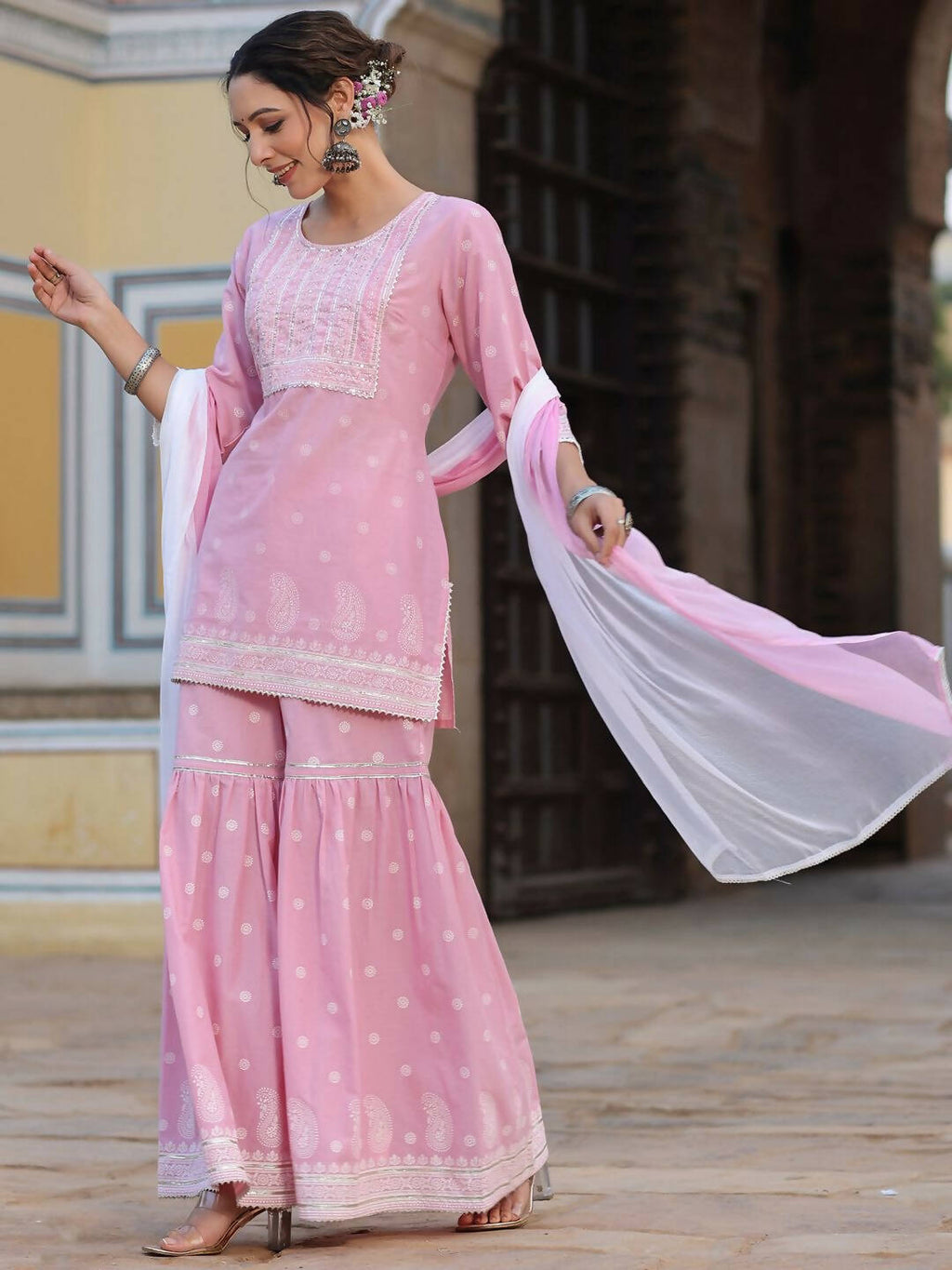 Juniper Women's Pink Cambric Floral Print Kurta Sharara Sets | Grocsy
