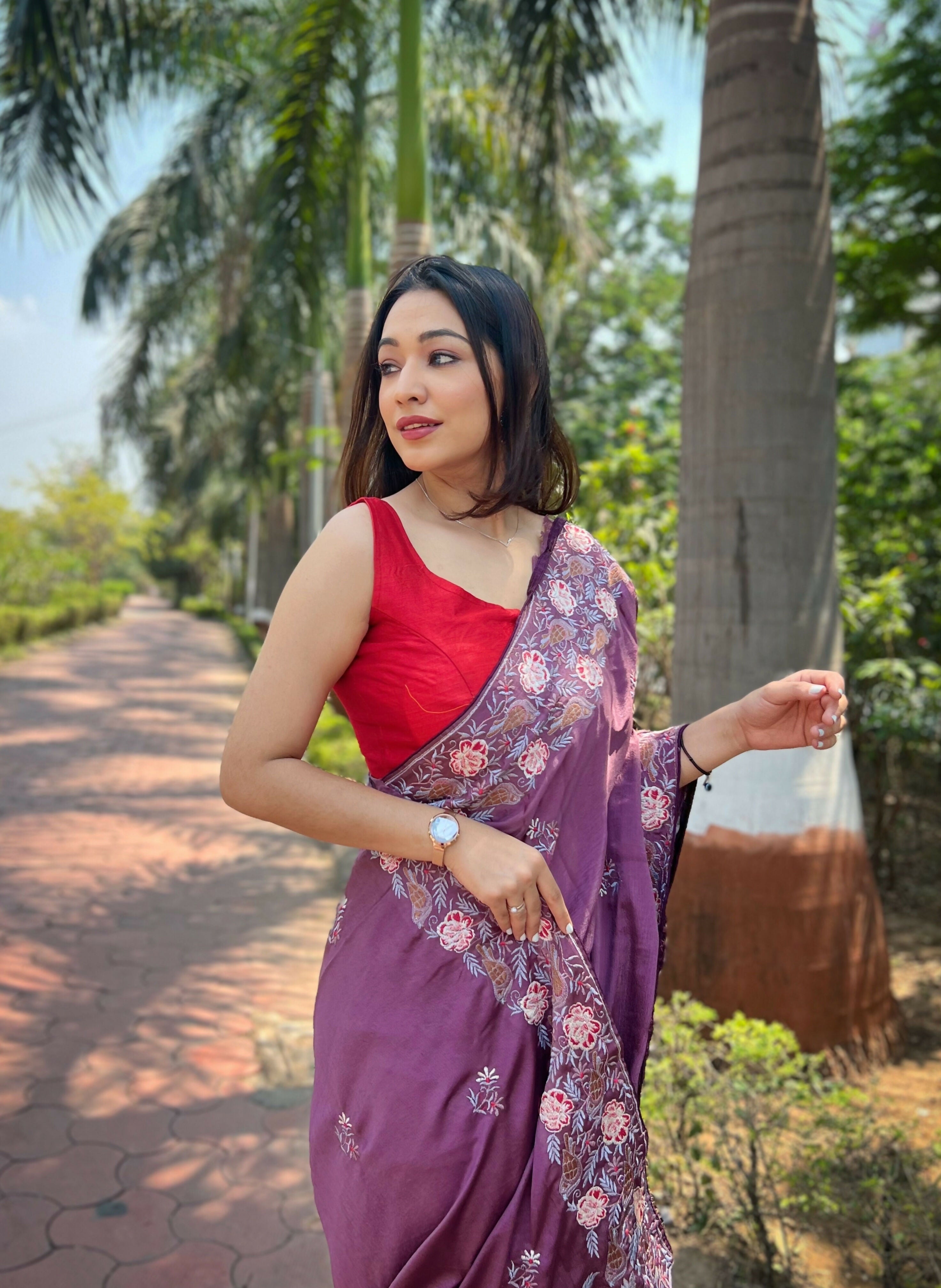 Vamsee Chinon Panchi Cherry Shimmer Saree | Grocsy